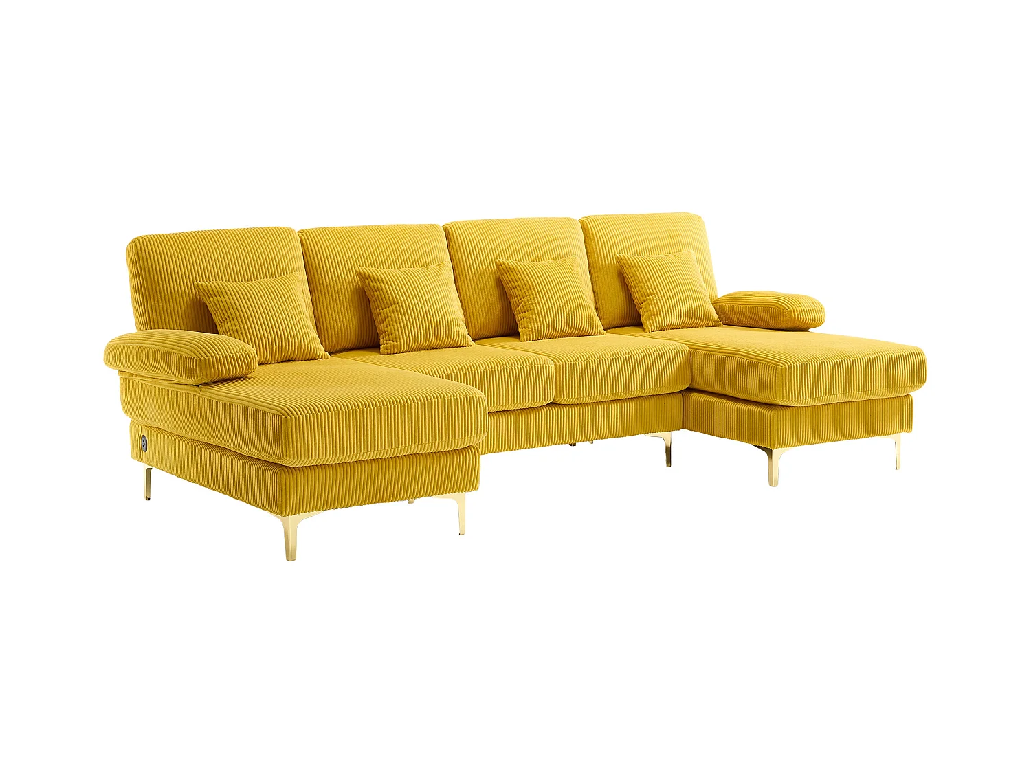 Canapé d'angle en velours -  Canapé d'angle avec éclairage LED et 4 coussins - port USB et accoudoirs - jaune
