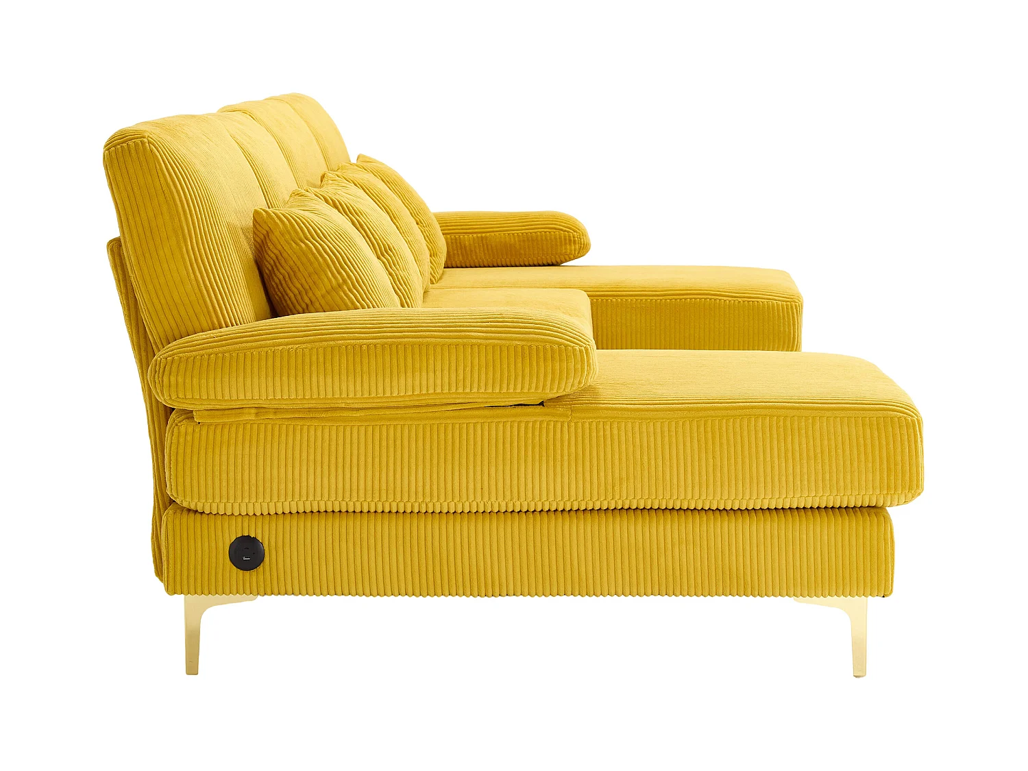 Canapé d'angle en velours -  Canapé d'angle avec éclairage LED et 4 coussins - port USB et accoudoirs - jaune