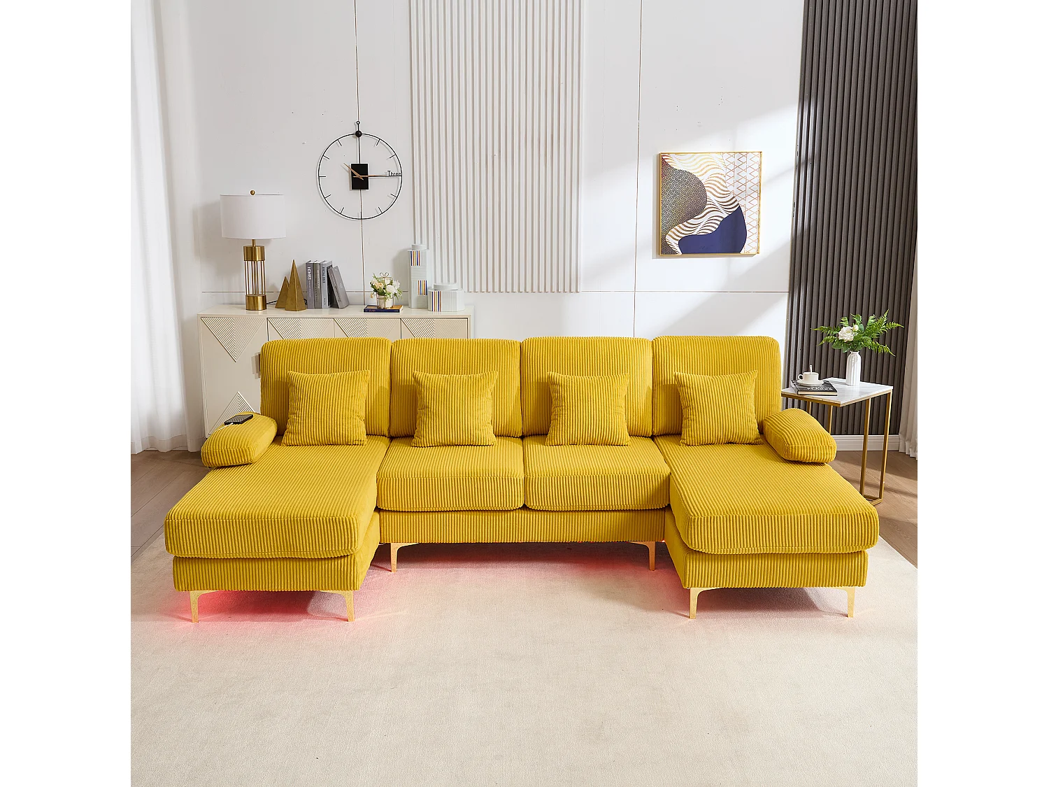 Canapé d'angle en velours -  Canapé d'angle avec éclairage LED et 4 coussins - port USB et accoudoirs - jaune