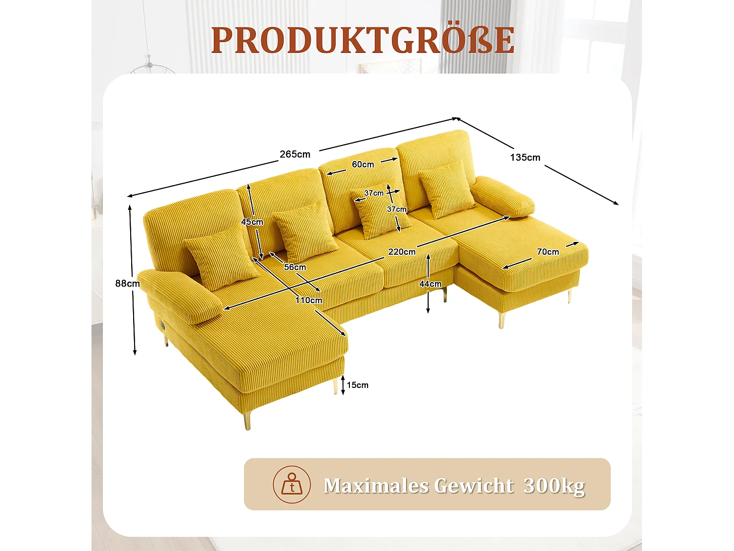 Canapé d'angle en velours -  Canapé d'angle avec éclairage LED et 4 coussins - port USB et accoudoirs - jaune