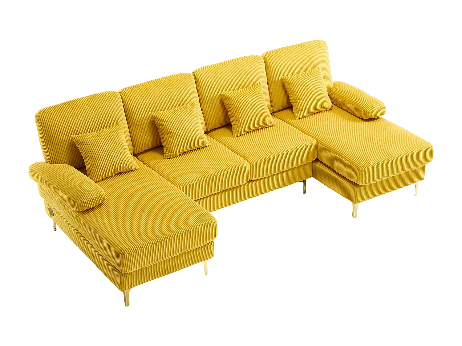 Canapé d'angle en velours -  Canapé d'angle avec éclairage LED et 4 coussins - port USB et accoudoirs - jaune