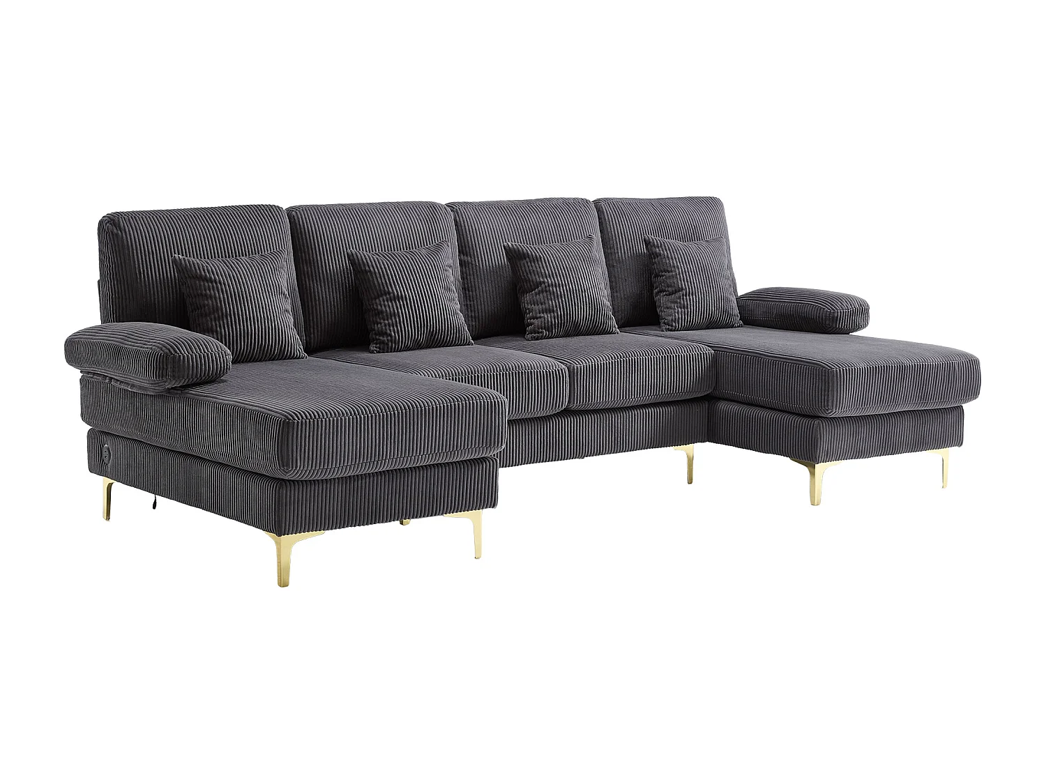 Samt-Ecksofa - Ecksofa mit LED-Beleuchtung und 4 Kissen - USB-Anschluss und Armlehnen - grau