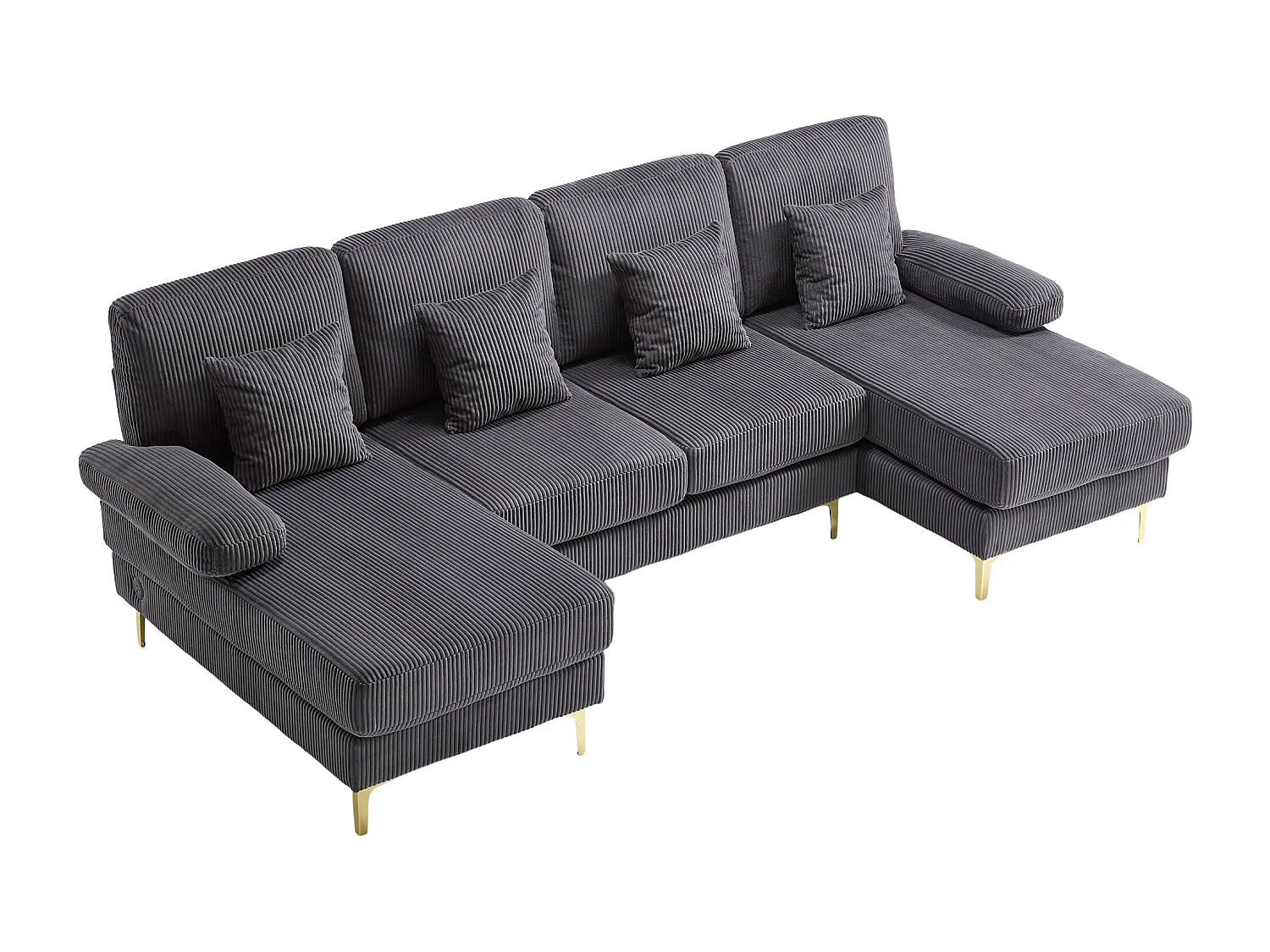 Samt-Ecksofa - Ecksofa mit LED-Beleuchtung und 4 Kissen - USB-Anschluss und Armlehnen - grau