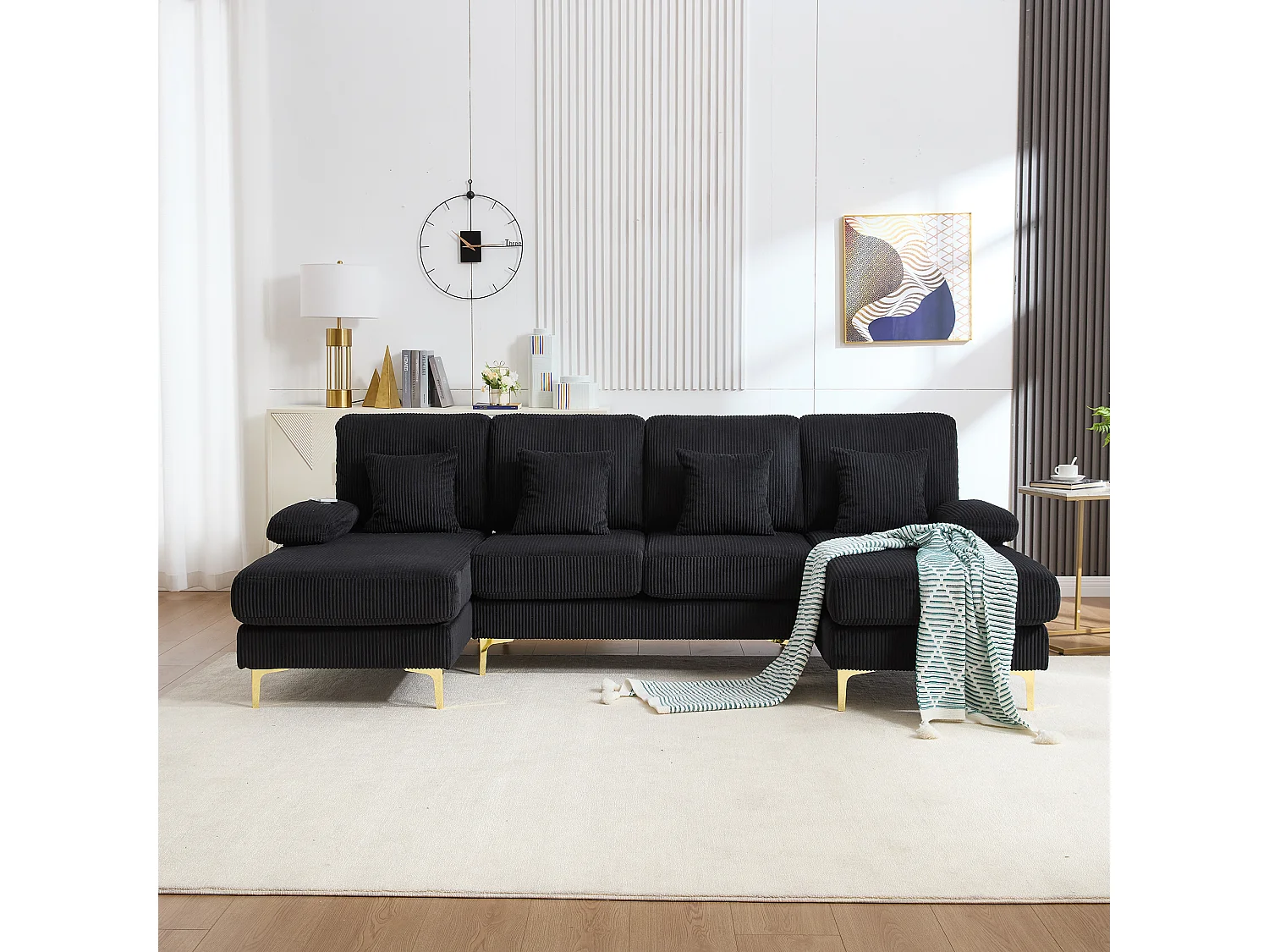 Fluwelen hoekbank - Hoekbank met LED-verlichting en 4 kussens - USB-aansluiting en armleuningen - zwart