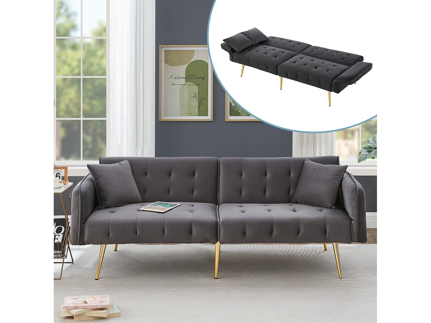 Sofá 2 plazas - Sofá recto con respaldo de 3 posiciones y reposabrazos de 6 posiciones - terciopelo gris - para el salón