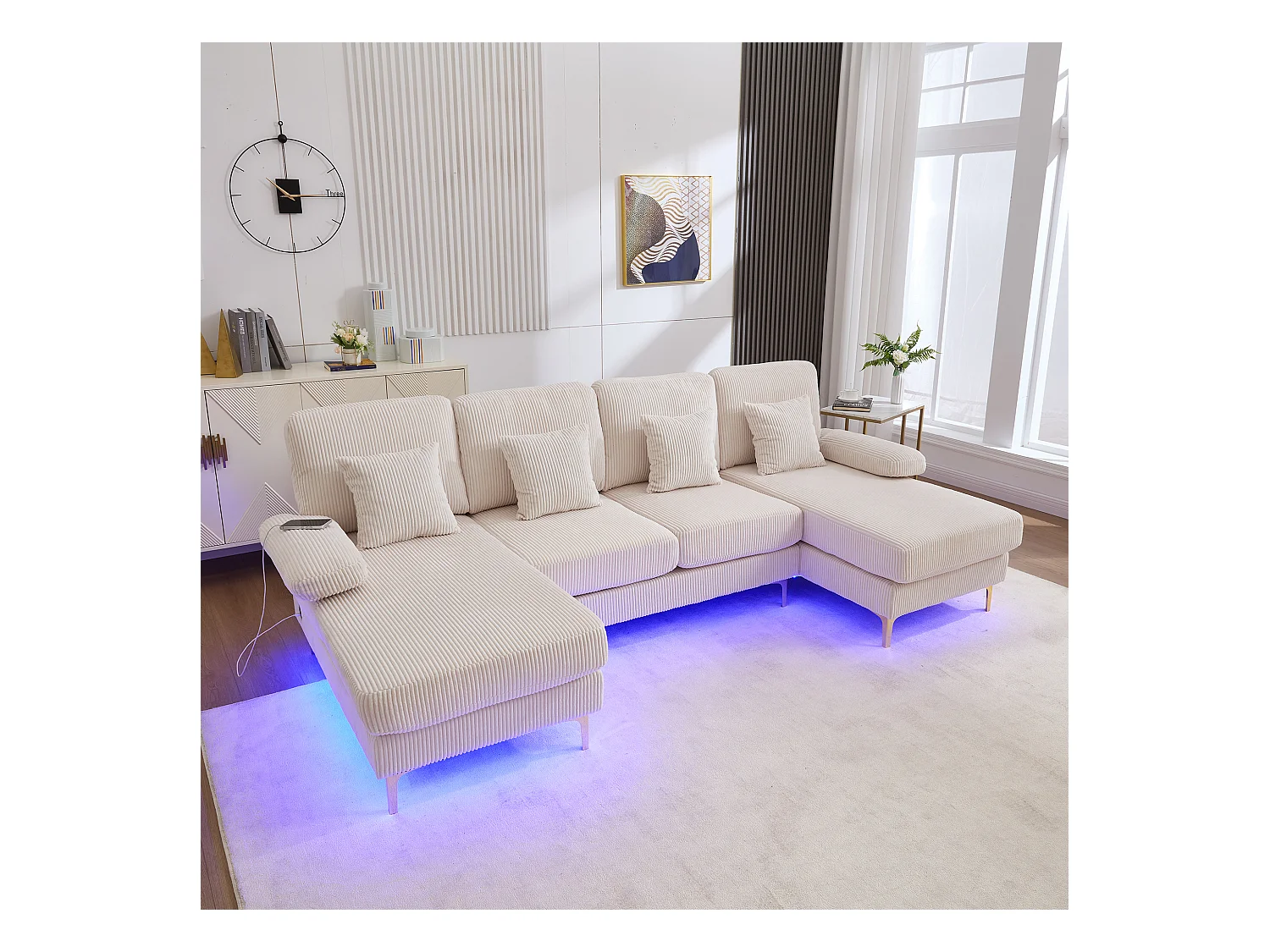 Canapé d'angle en velours -  Canapé d'angle avec éclairage LED et 4 coussins - port USB et accoudoirs - beige