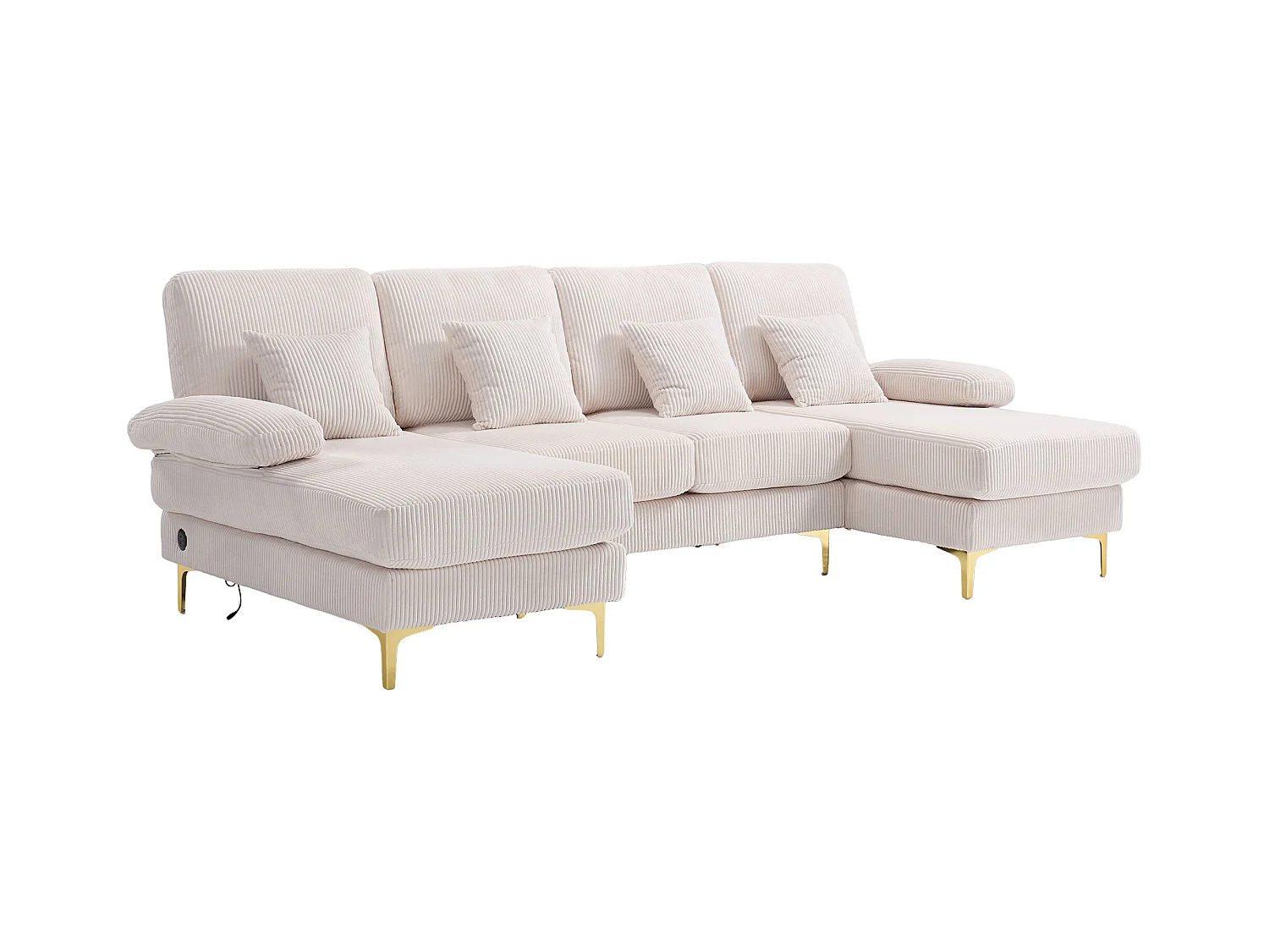 Canapé d'angle en velours -  Canapé d'angle avec éclairage LED et 4 coussins - port USB et accoudoirs - beige