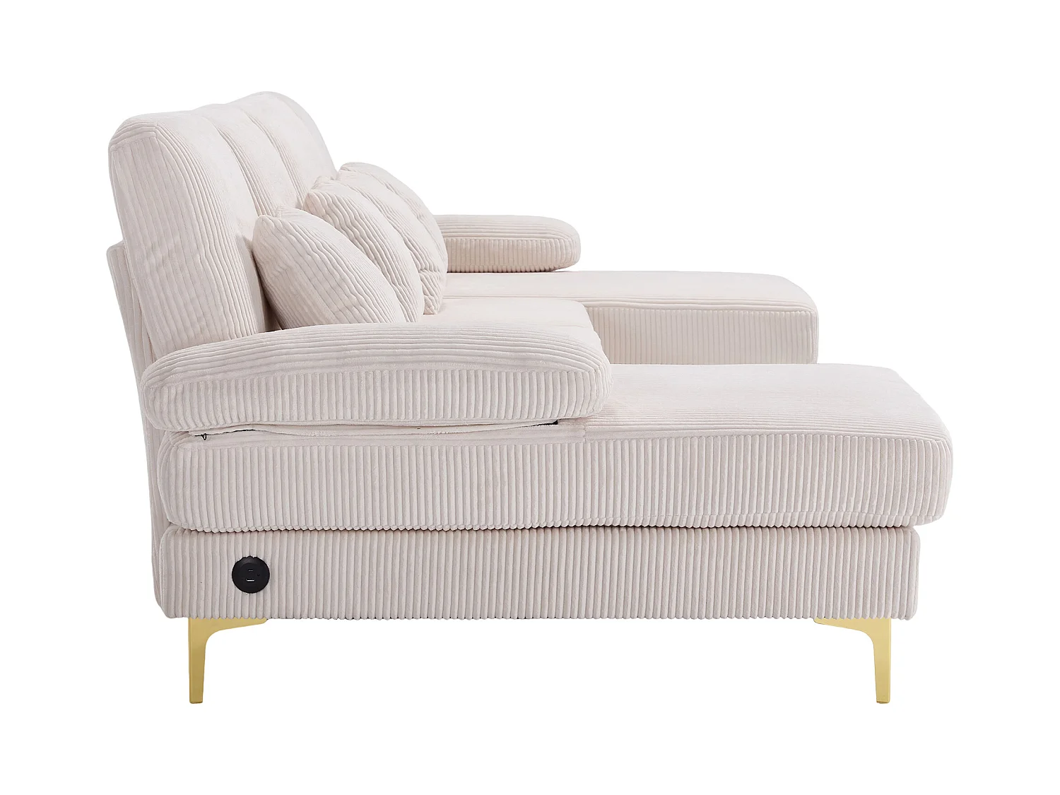 Canapé d'angle en velours -  Canapé d'angle avec éclairage LED et 4 coussins - port USB et accoudoirs - beige