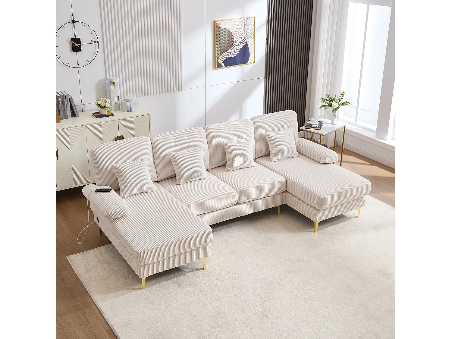 Canapé d'angle en velours -  Canapé d'angle avec éclairage LED et 4 coussins - port USB et accoudoirs - beige