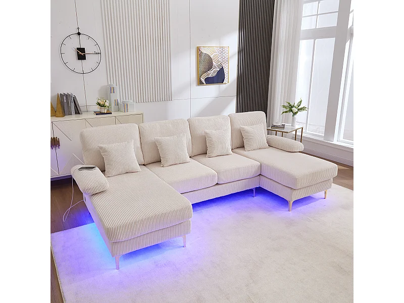 Divano angolare in velluto - Divano angolare con illuminazione a LED e 4 cuscini - porta USB e braccioli - beige
