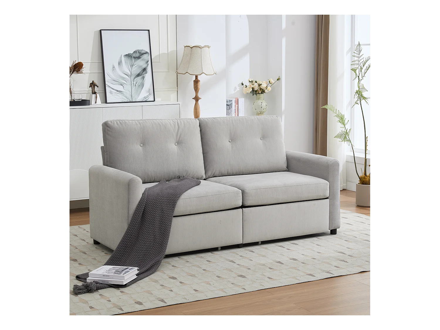 Canapé 2 places gris clair - Canapé droit avec 2 tiroirs et dossier - tissu - pour salon