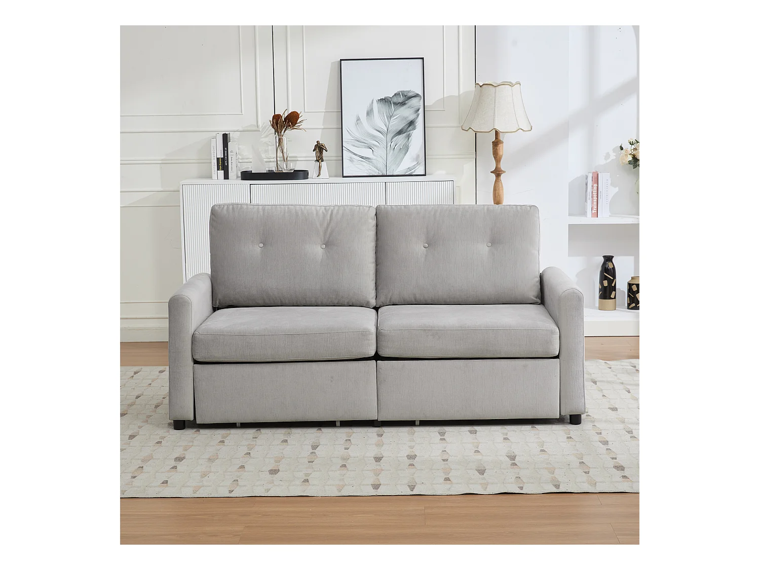 Canapé 2 places gris clair - Canapé droit avec 2 tiroirs et dossier - tissu - pour salon