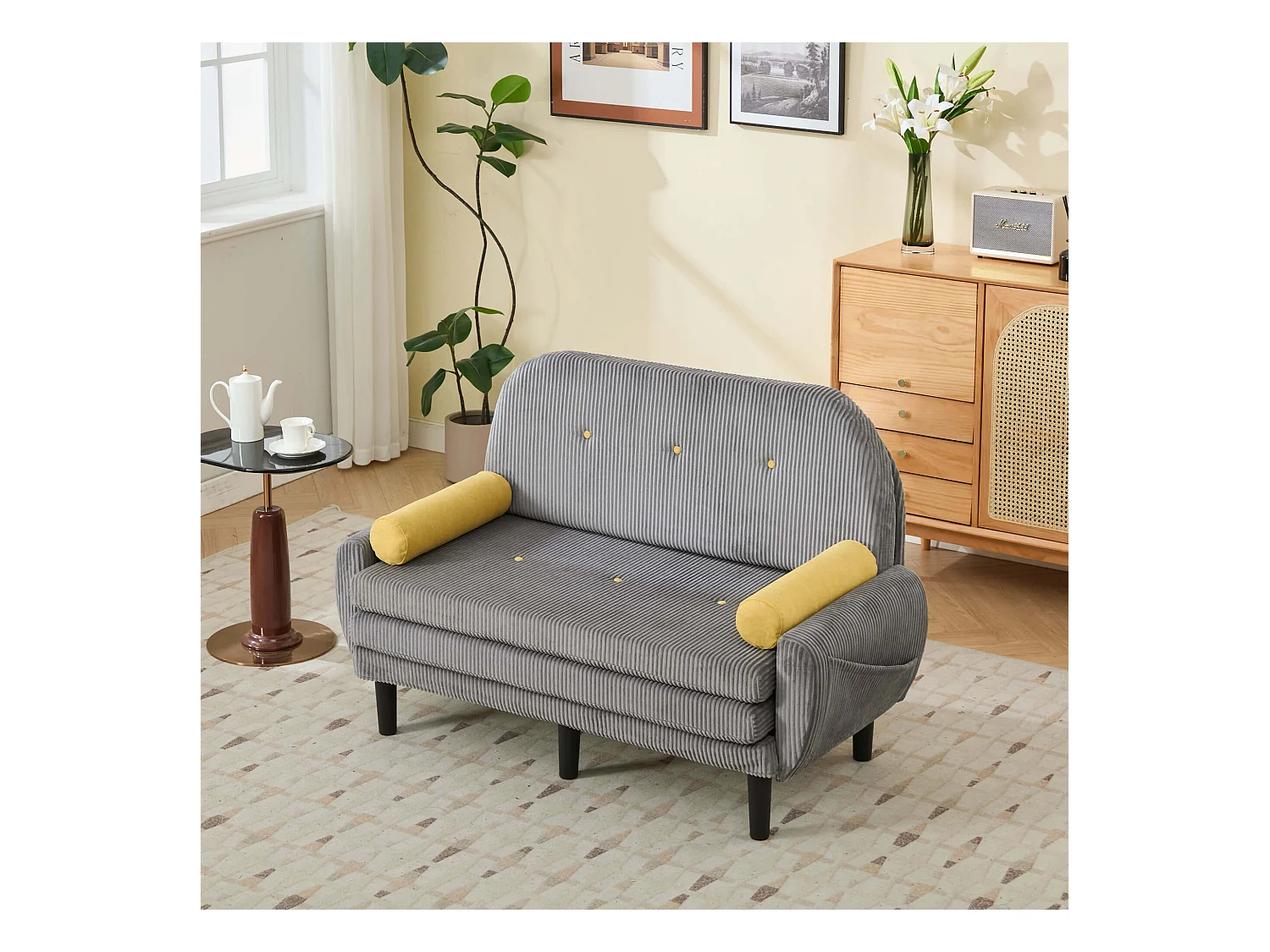 Graues 2-Sitzer-Sofa – Gerades Sofa mit Seitentaschen und 2 runden Kissen – Cord