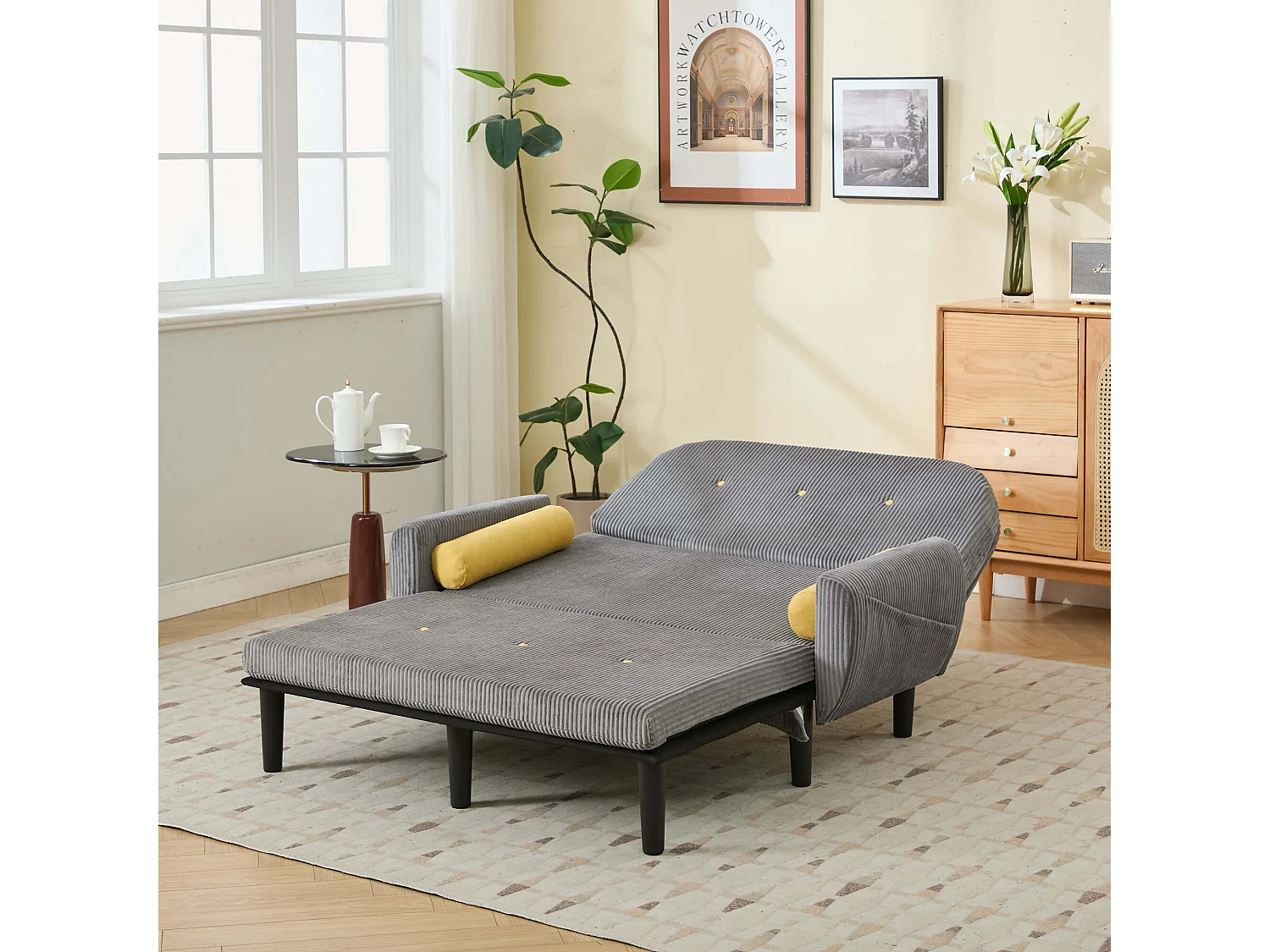 Grijze 2-zitsbank - Rechte bank met zijzakken en 2 ronde kussens - corduroy