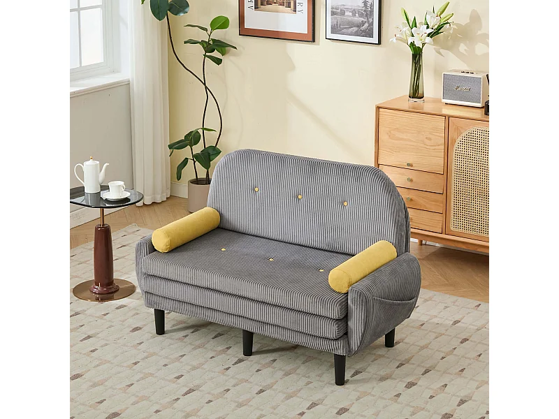 Grijze 2-zitsbank - Rechte bank met zijzakken en 2 ronde kussens - corduroy