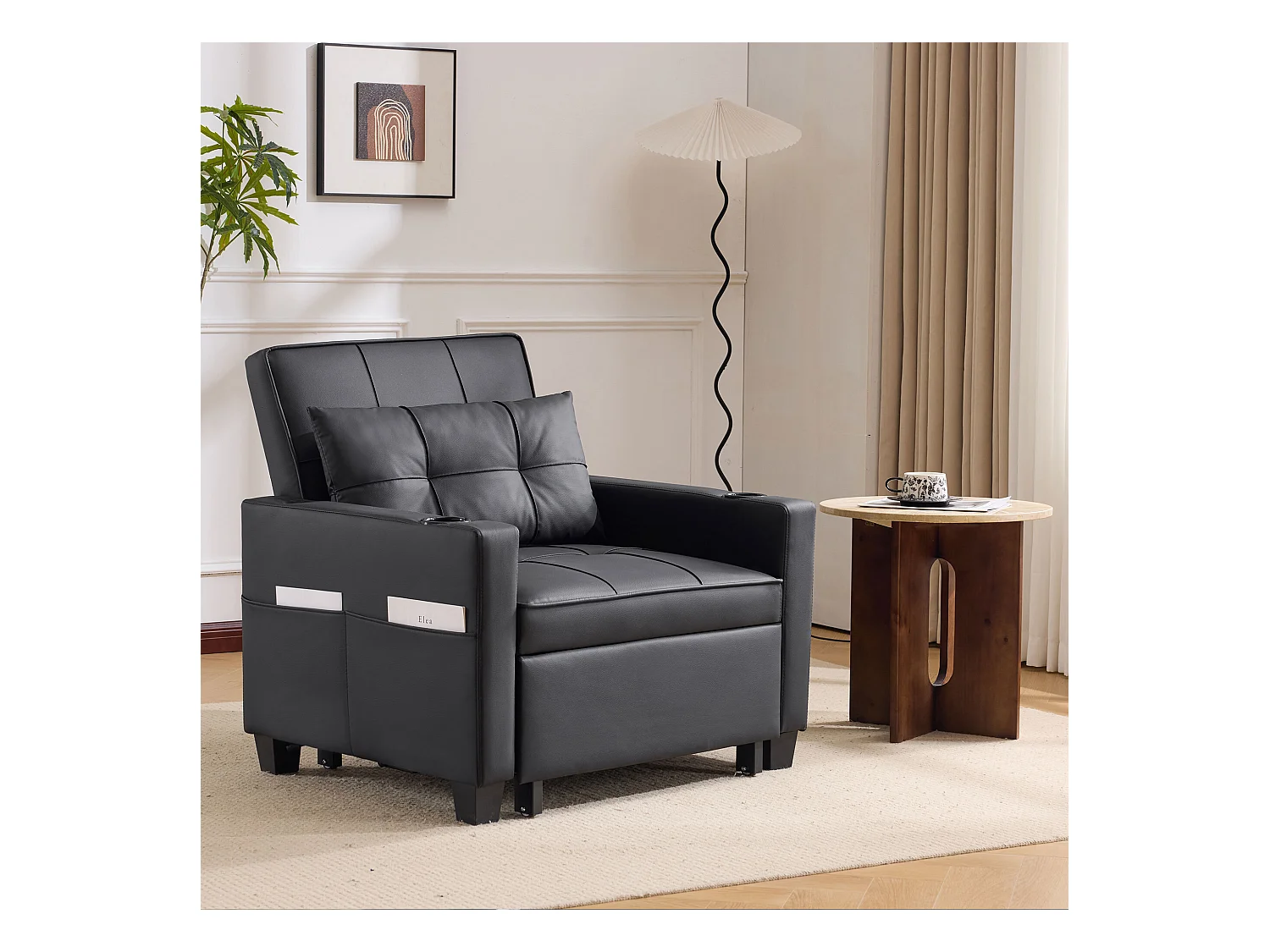 Canapé inclinable avec poches latérales - Canapé droit avec porte-gobelets et port USB - noir