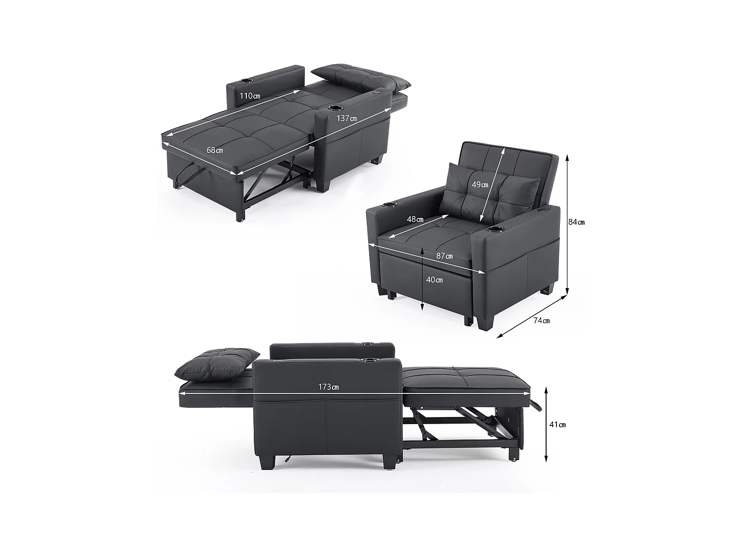 Canapé inclinable avec poches latérales - Canapé droit avec porte-gobelets et port USB - noir