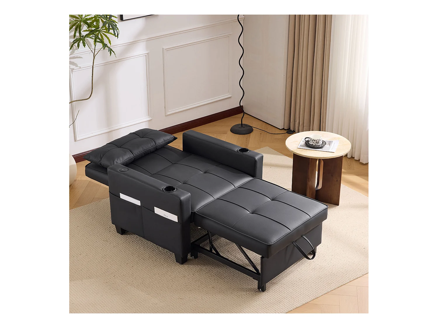 Sofa rozkładana z kieszeniami bocznymi - Prosta sofa z uchwytami na kubki i portem USB - czarna