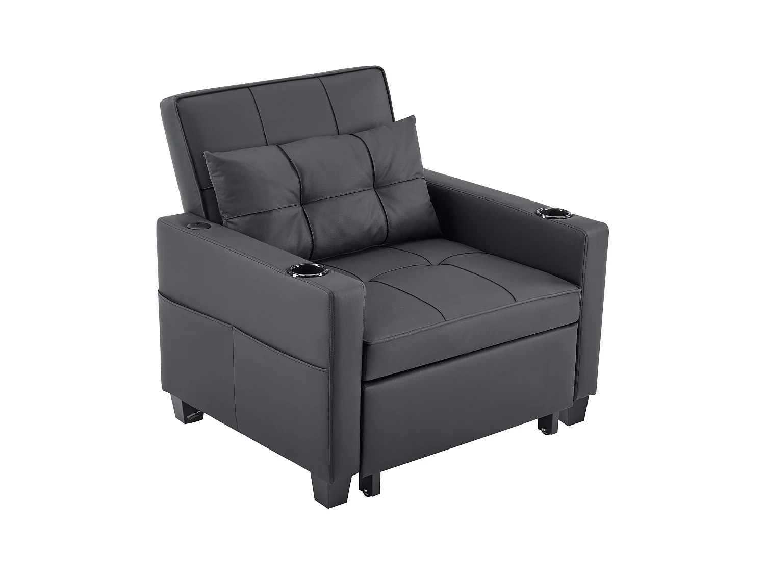 Sofa rozkładana z kieszeniami bocznymi - Prosta sofa z uchwytami na kubki i portem USB - czarna