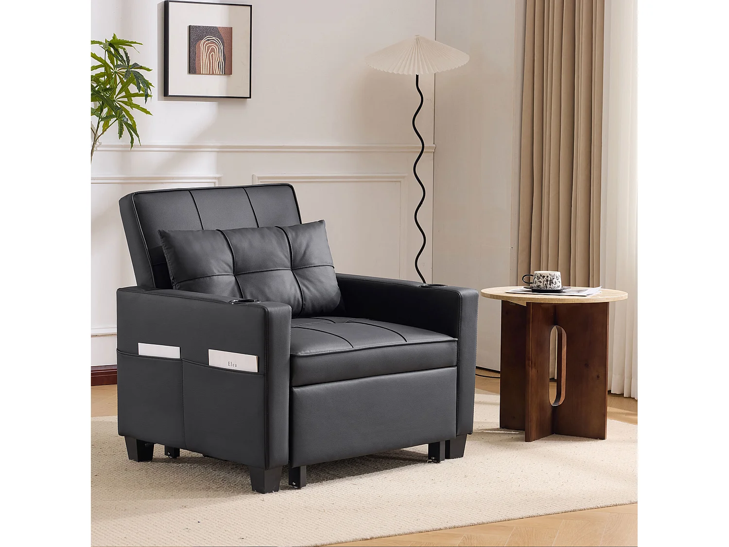 Sofa rozkładana z kieszeniami bocznymi - Prosta sofa z uchwytami na kubki i portem USB - czarna