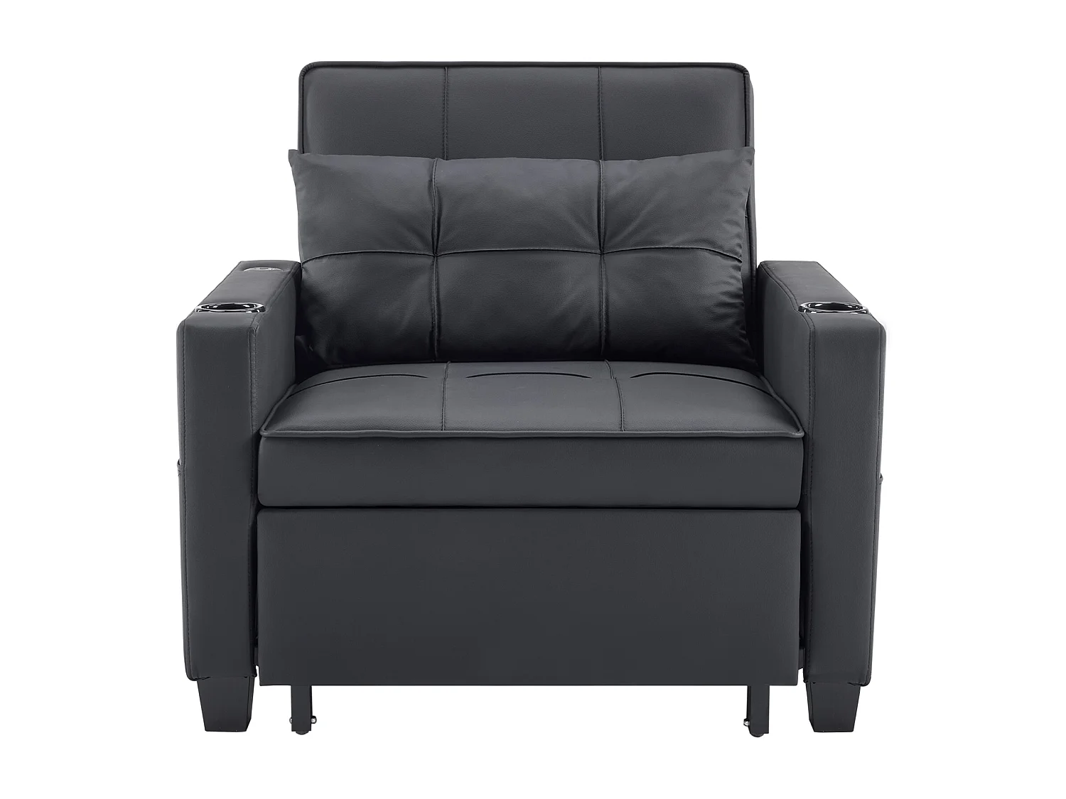 Sofa rozkładana z kieszeniami bocznymi - Prosta sofa z uchwytami na kubki i portem USB - czarna