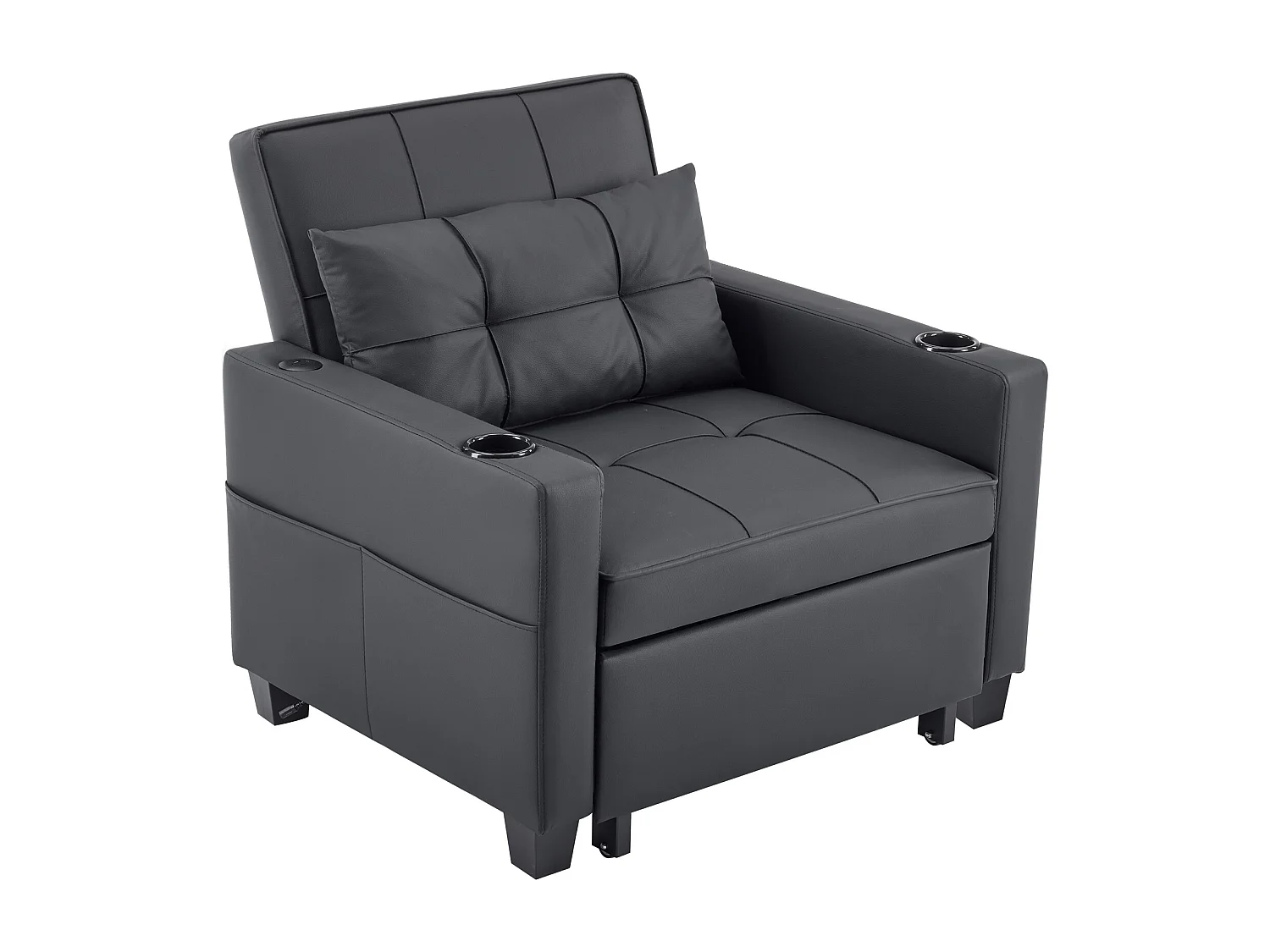 Sofa rozkładana z kieszeniami bocznymi - Prosta sofa z uchwytami na kubki i portem USB - czarna