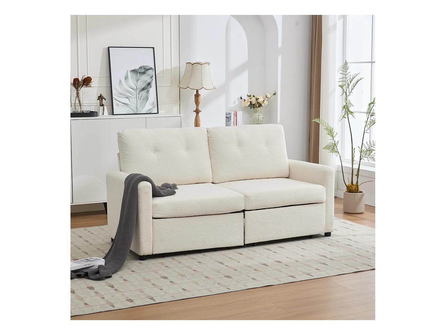 Canapé 2 places ivoire - Canapé droit avec 2 tiroirs et dossier - tissu - pour salon