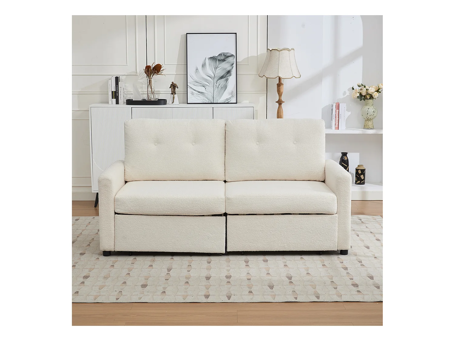 Canapé 2 places ivoire - Canapé droit avec 2 tiroirs et dossier - tissu - pour salon