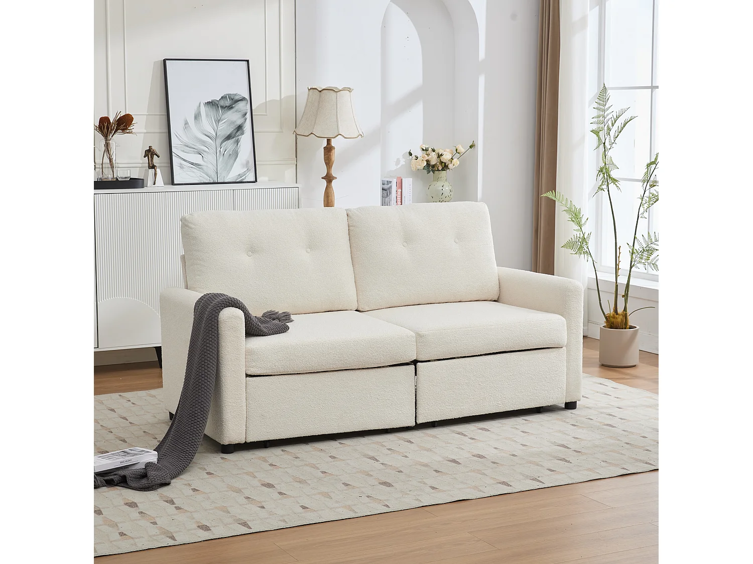 Canapé 2 places ivoire - Canapé droit avec 2 tiroirs et dossier - tissu - pour salon