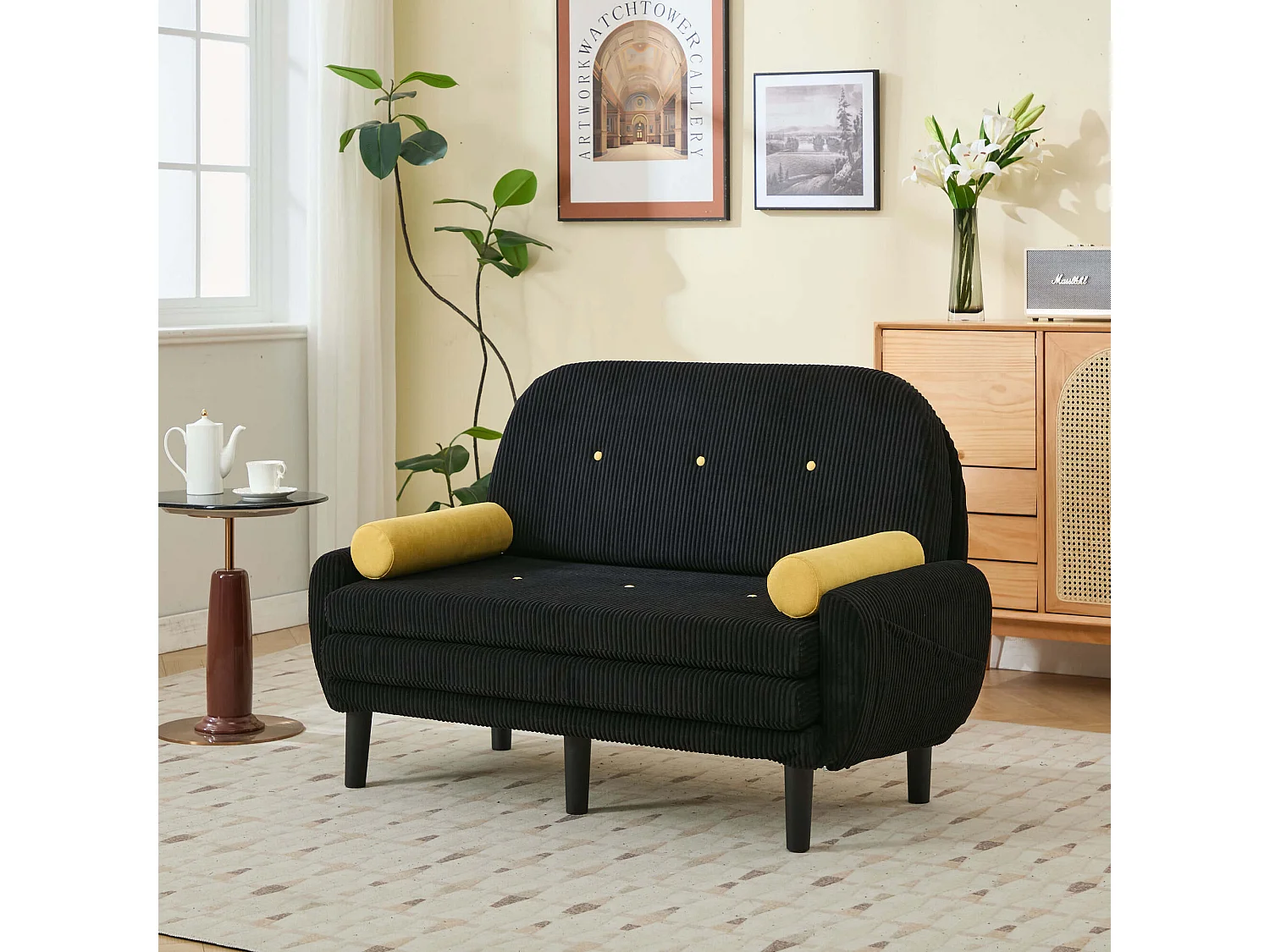 Sofa 2-osobowa czarna - Prosta sofa z bocznymi kieszeniami i 2 okrągłymi poduszkami - sztruks