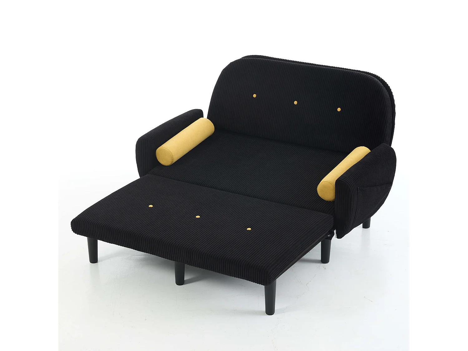 Sofa 2-osobowa czarna - Prosta sofa z bocznymi kieszeniami i 2 okrągłymi poduszkami - sztruks