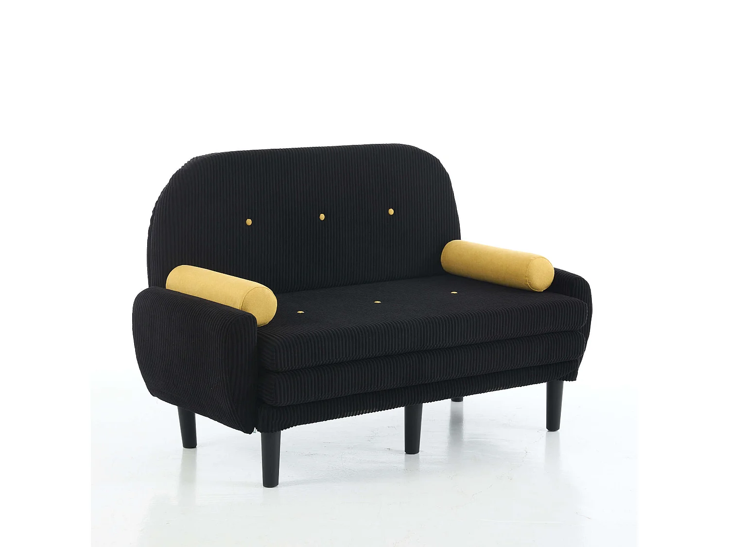 Sofa 2-osobowa czarna - Prosta sofa z bocznymi kieszeniami i 2 okrągłymi poduszkami - sztruks