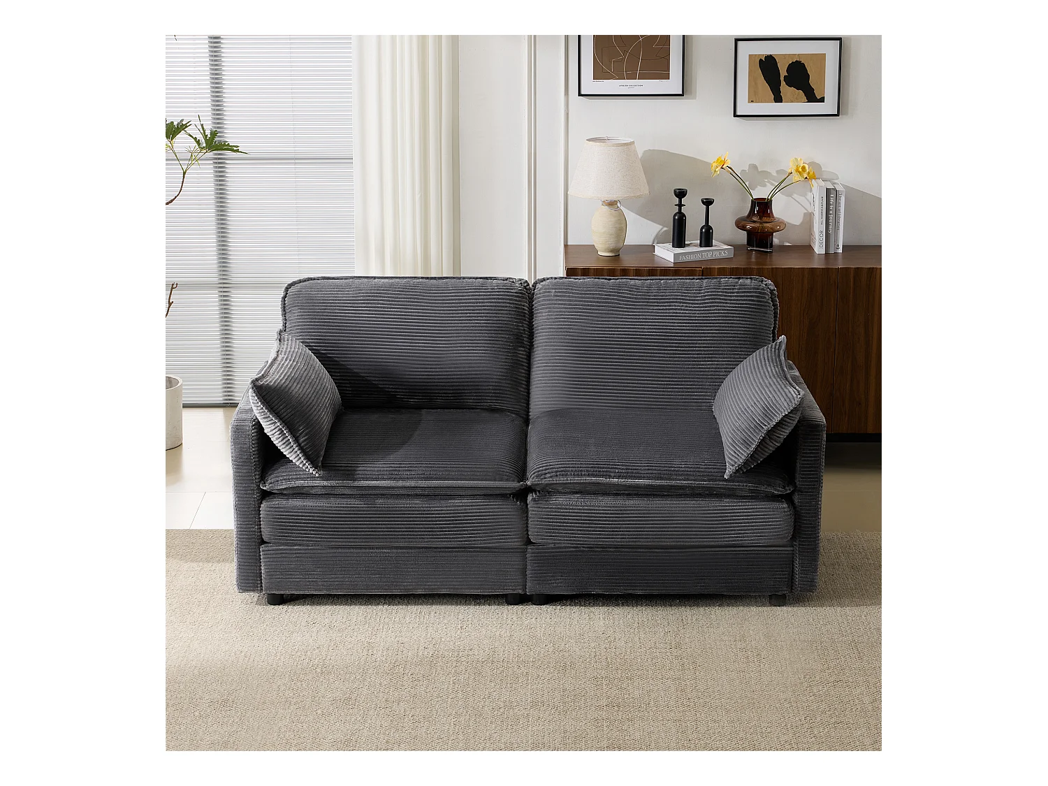 Canapé 2 places gris - Canapé droit avec dossier et coussins - Velours côtelé - pour le salon et la chambre