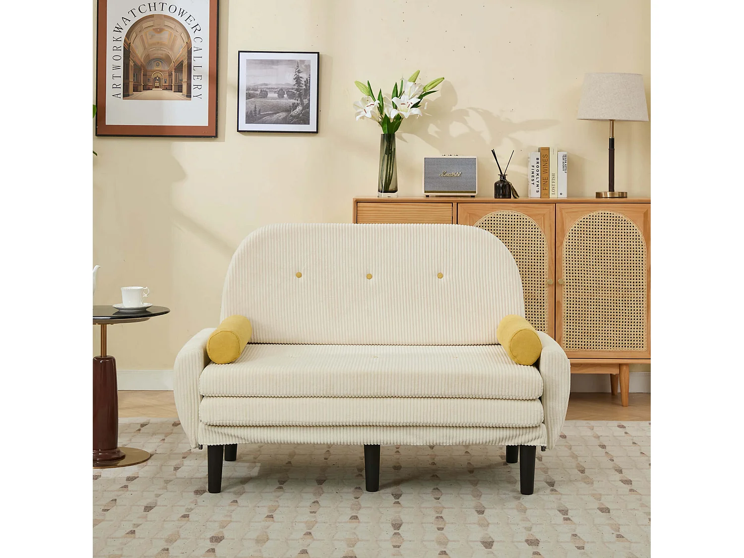 Ivoor 2-zitsbank - Rechte bank met zijzakken en 2 ronde kussens - corduroy