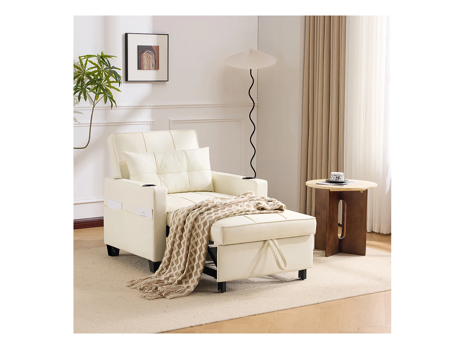 Canapé inclinable avec poches latérales - Canapé droit avec porte-gobelets et port USB - blanc