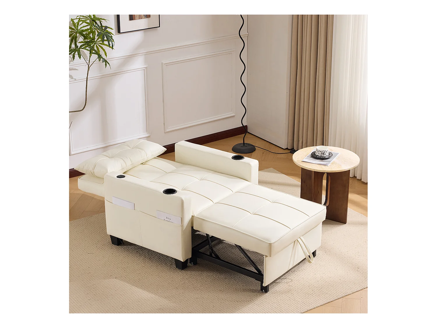 Canapé inclinable avec poches latérales - Canapé droit avec porte-gobelets et port USB - blanc