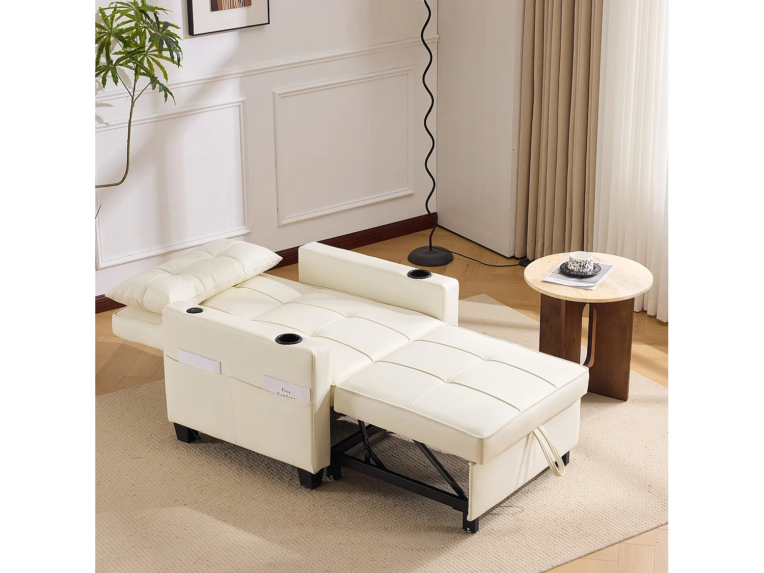 Canapé inclinable avec poches latérales - Canapé droit avec porte-gobelets et port USB - blanc