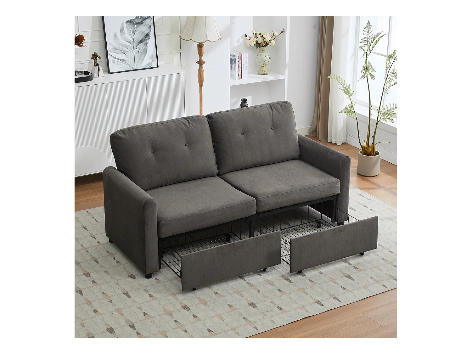 Canapé 2 places gris foncé - Canapé droit avec 2 tiroirs et dossier - tissu - pour salon