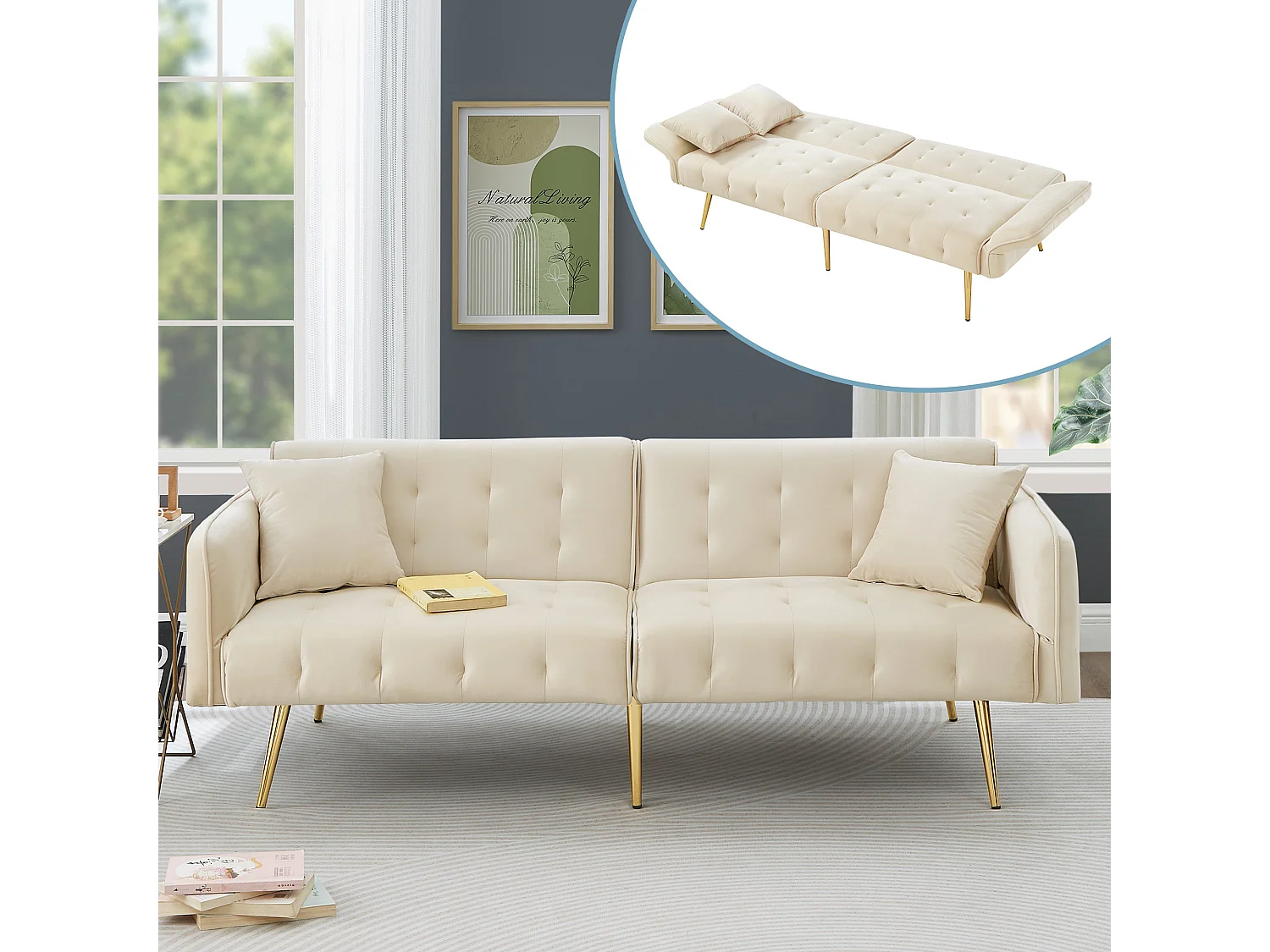 2-zitsbank - Rechte bank met 3-positie rugleuning en 6-positie armleuningen - beige fluweel - voor de woonkamer