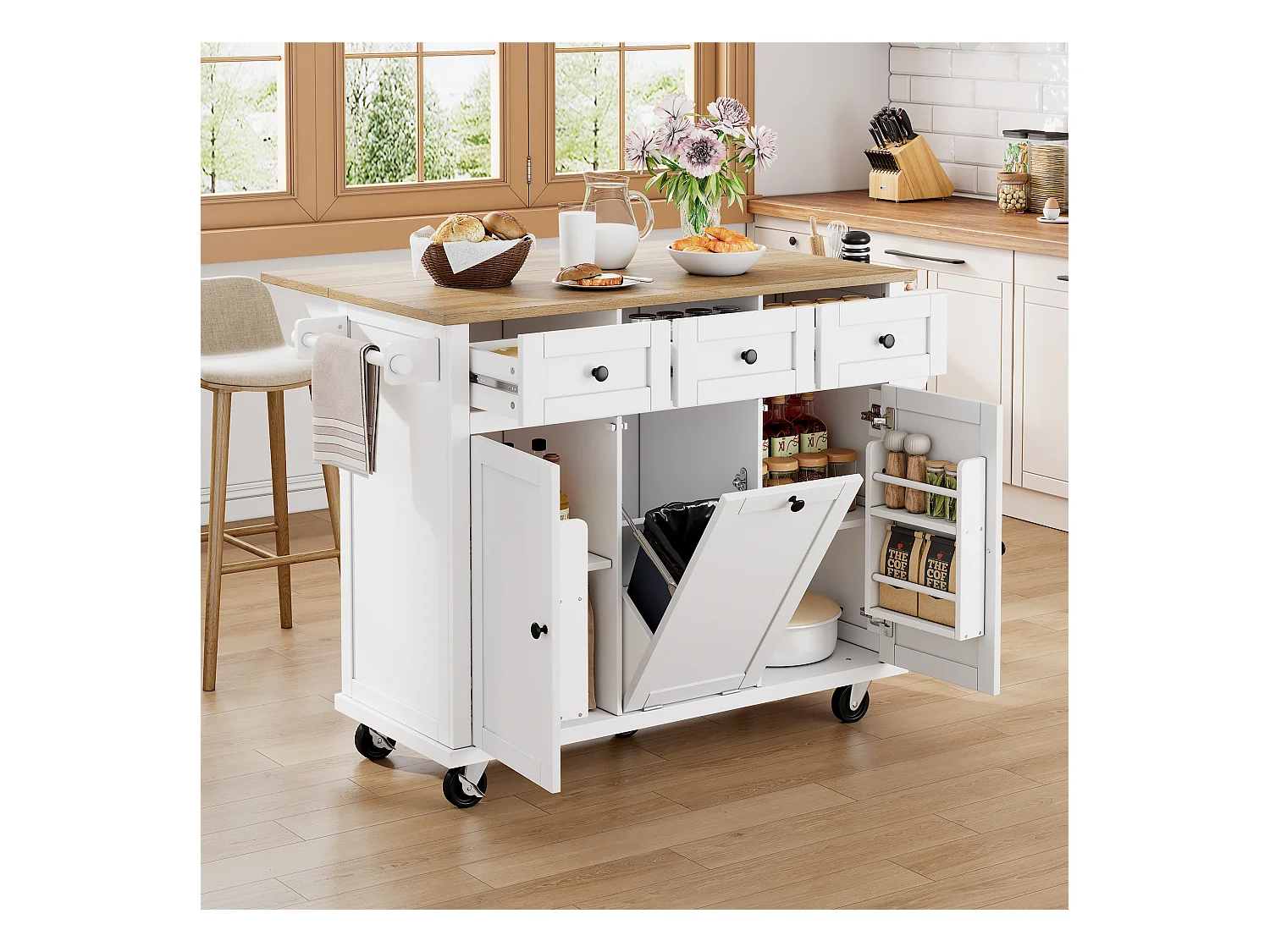Desserte de cuisine 3 portes et 3 tiroirs - Îlot central de cuisine avec compartiment poubelle et étagère à épices - blanc - pour cuisines
