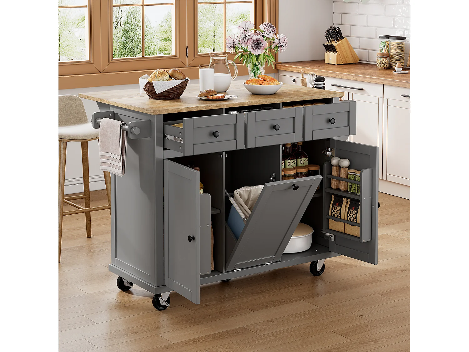 Carrito de cocina con 3 puertas y 3 cajones - Isla de cocina central con compartimento para basura y especiero - gris - para cocinas