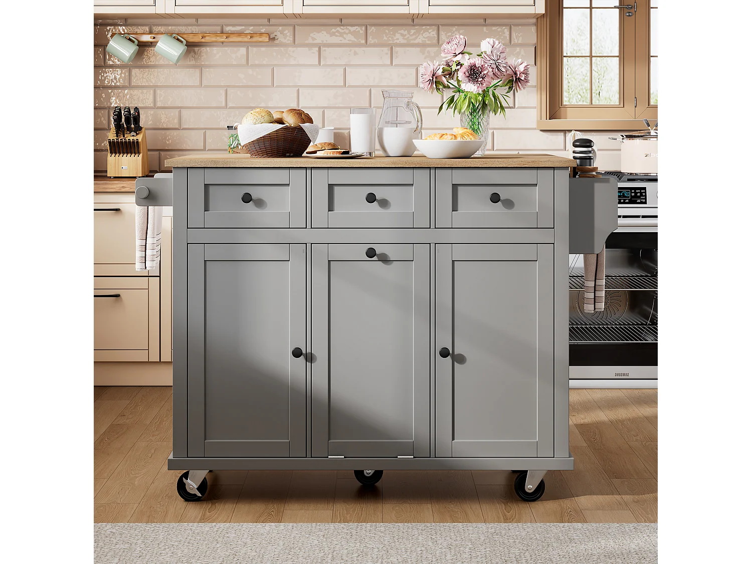 Carrito de cocina con 3 puertas y 3 cajones - Isla de cocina central con compartimento para basura y especiero - gris - para cocinas