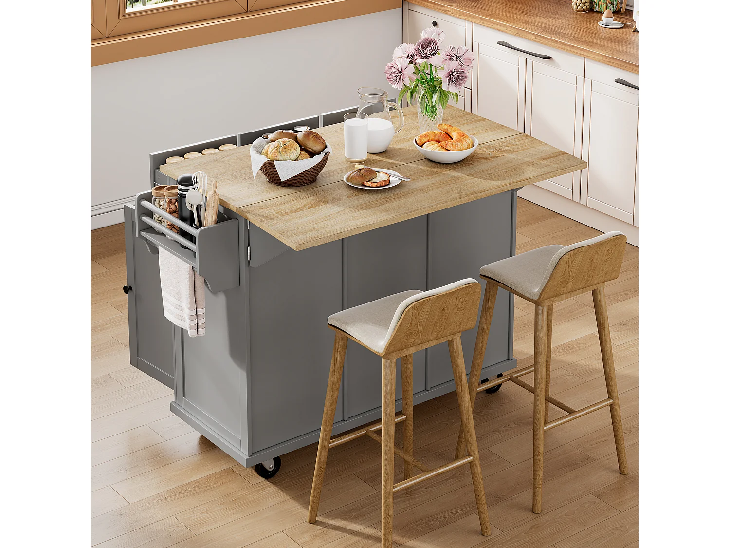 Carrito de cocina con 3 puertas y 3 cajones - Isla de cocina central con compartimento para basura y especiero - gris - para cocinas