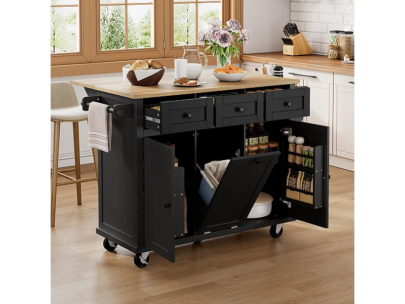 Keukentrolley met 3 deuren en 3 laden - Centraal keukeneiland met afvalvak en kruidenrek - zwart - voor keukens