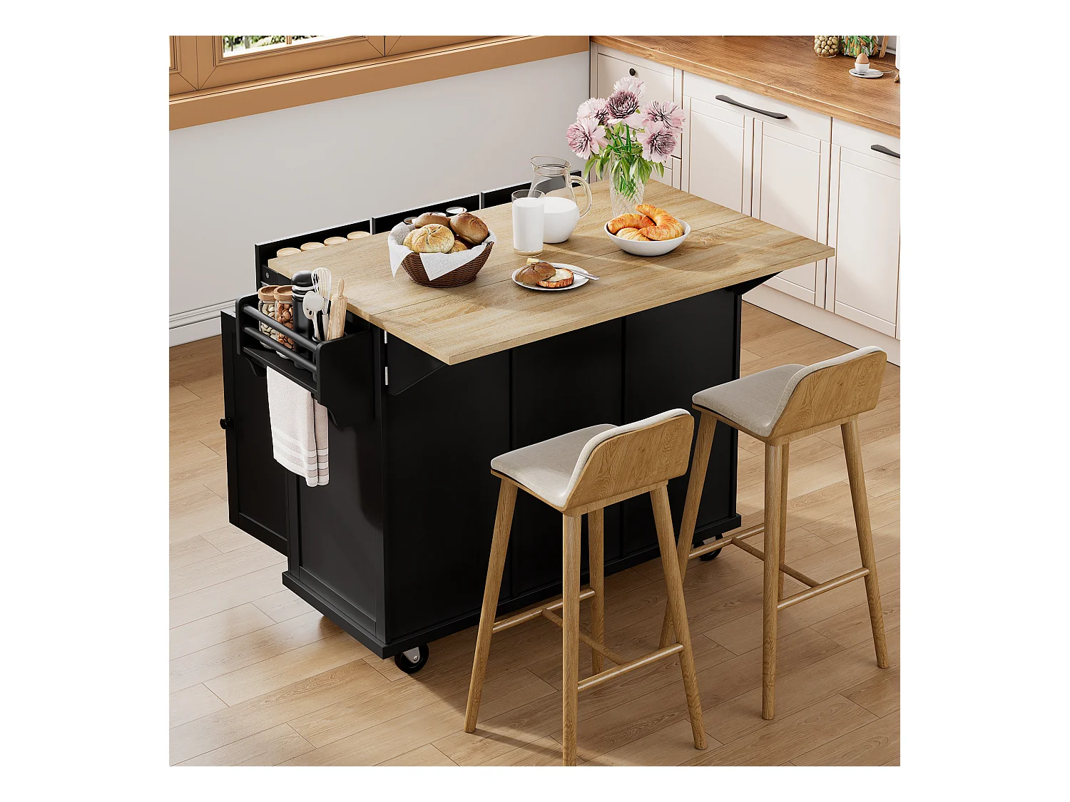 Desserte de cuisine 3 portes et 3 tiroirs - Îlot central de cuisine avec compartiment poubelle et étagère à épices - noir - pour cuisines