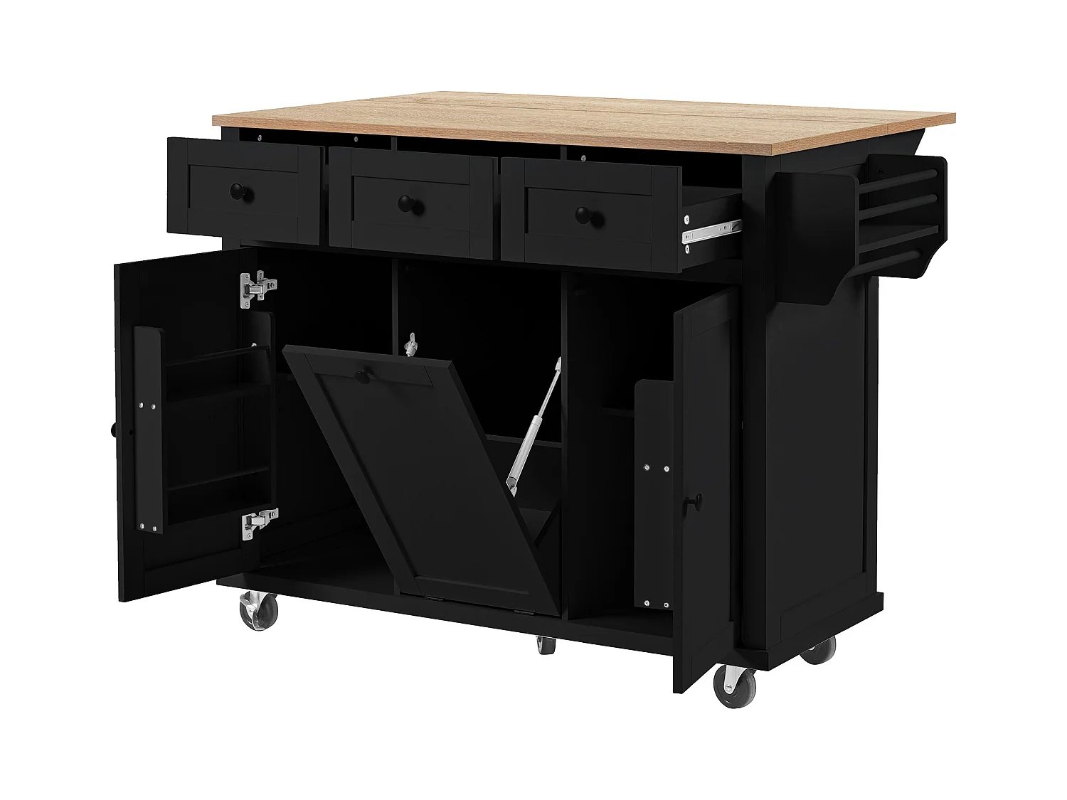 Desserte de cuisine 3 portes et 3 tiroirs - Îlot central de cuisine avec compartiment poubelle et étagère à épices - noir - pour cuisines