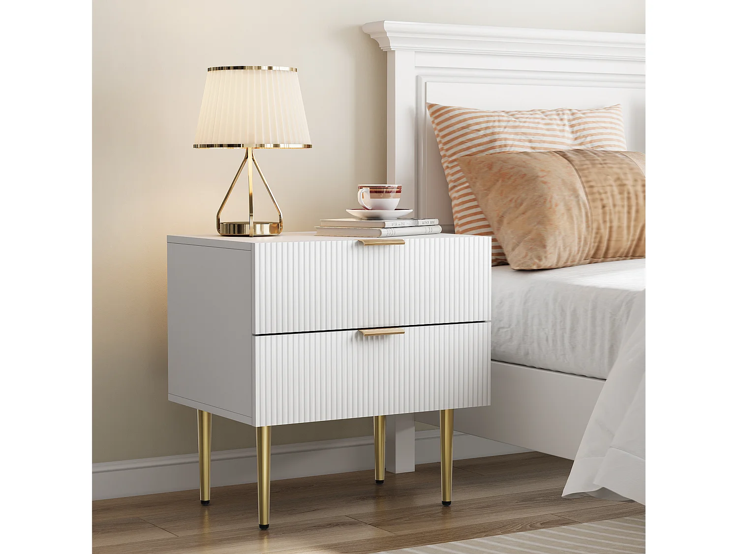 Table de chevet à 2 tiroirs - Table de chevet avec pieds en métal - motif ondulé blanc - pour chambre à coucher