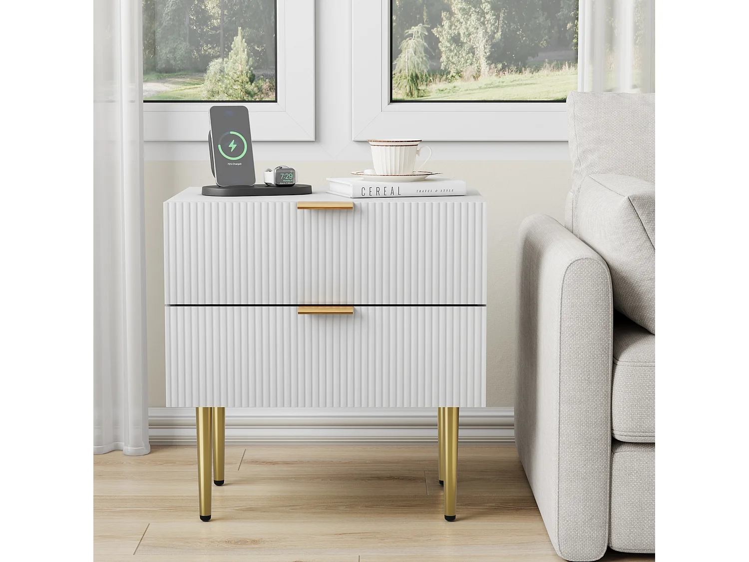 Table de chevet à 2 tiroirs - Table de chevet avec pieds en métal - motif ondulé blanc - pour chambre à coucher