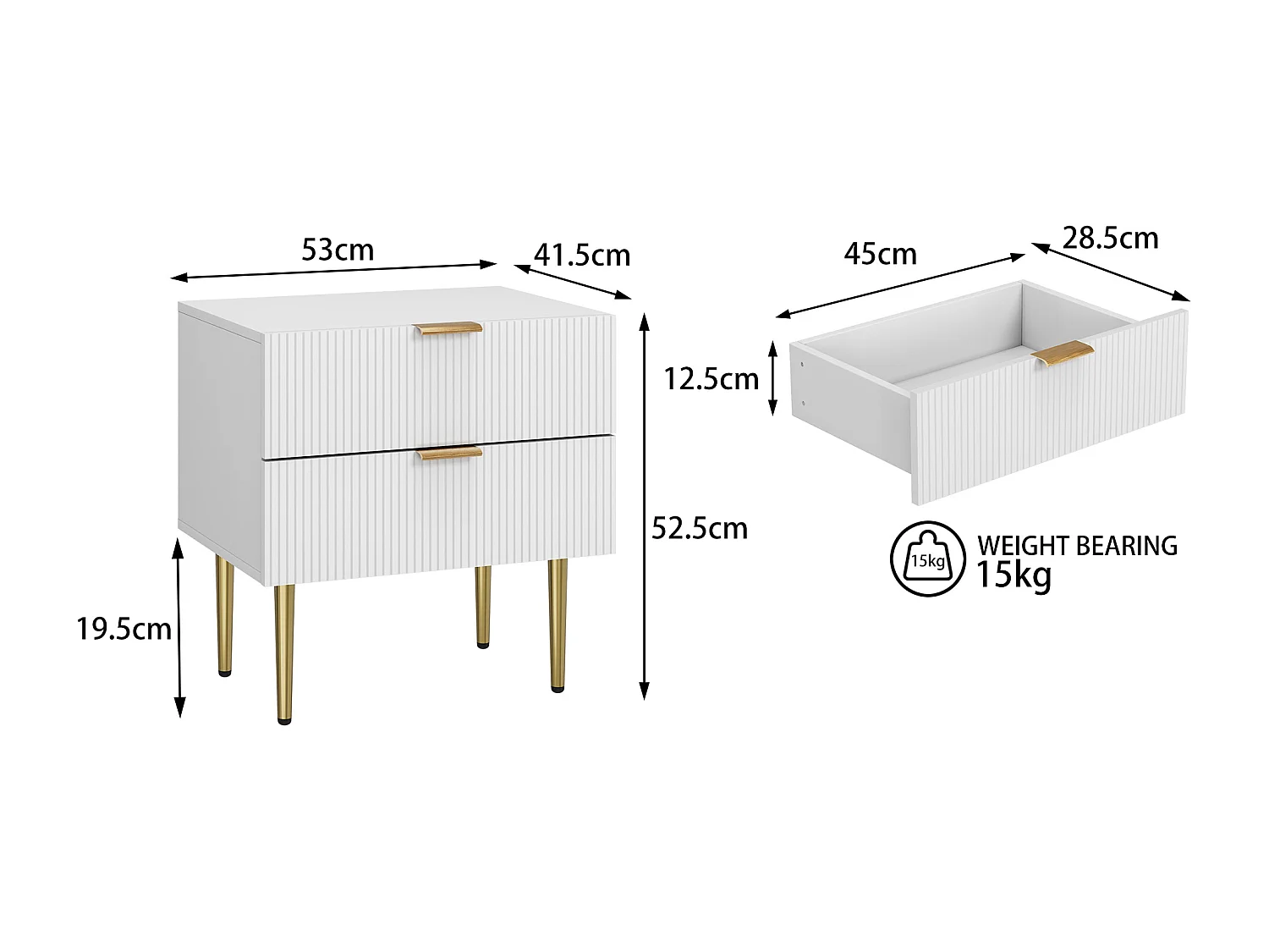Table de chevet à 2 tiroirs - Table de chevet avec pieds en métal - motif ondulé blanc - pour chambre à coucher