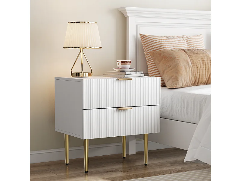 Table de chevet à 2 tiroirs - Table de chevet avec pieds en métal - motif ondulé blanc - pour chambre à coucher